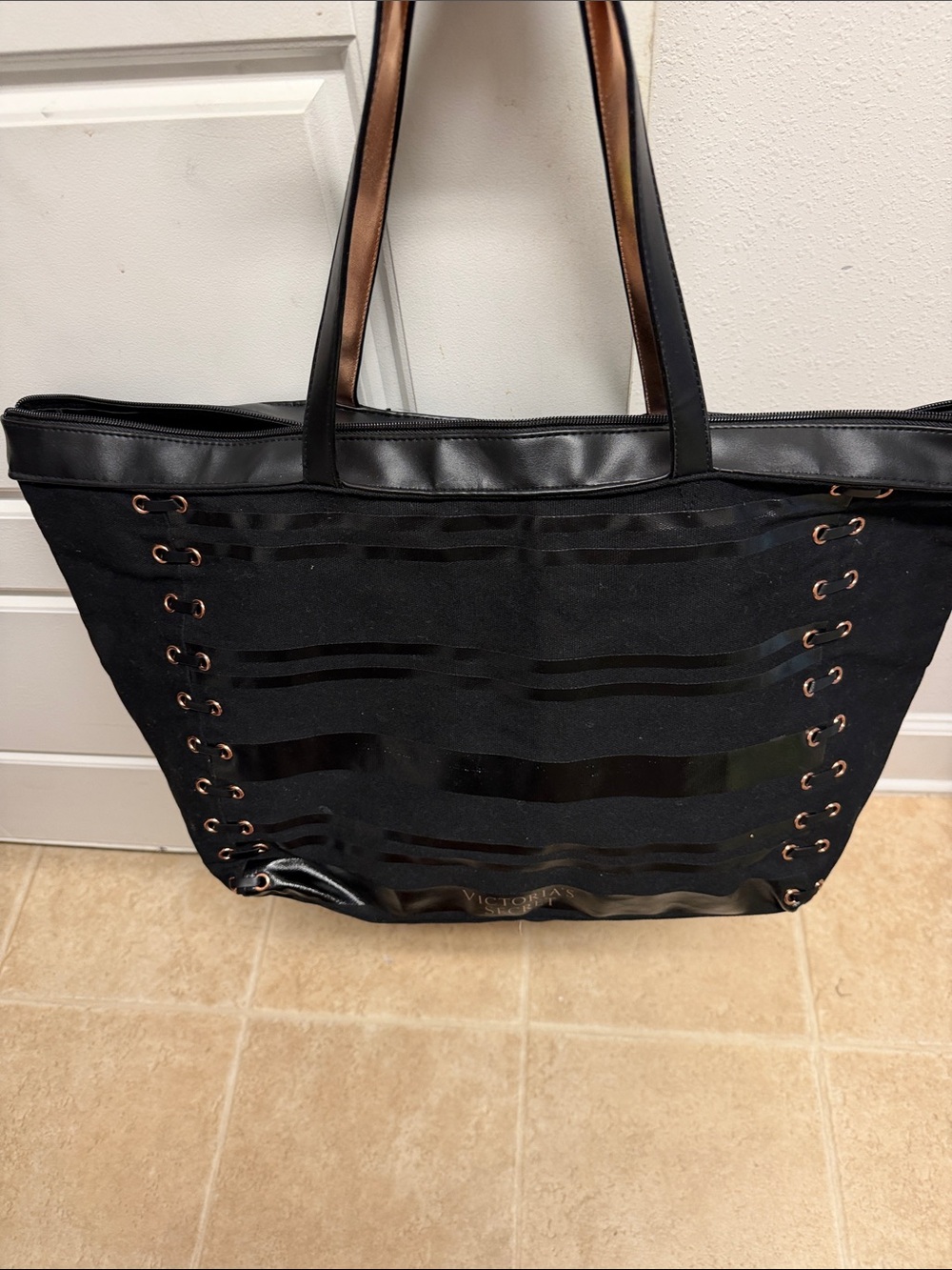 Victoria's Secret Black Tote with Rose Gold Eyelet Details